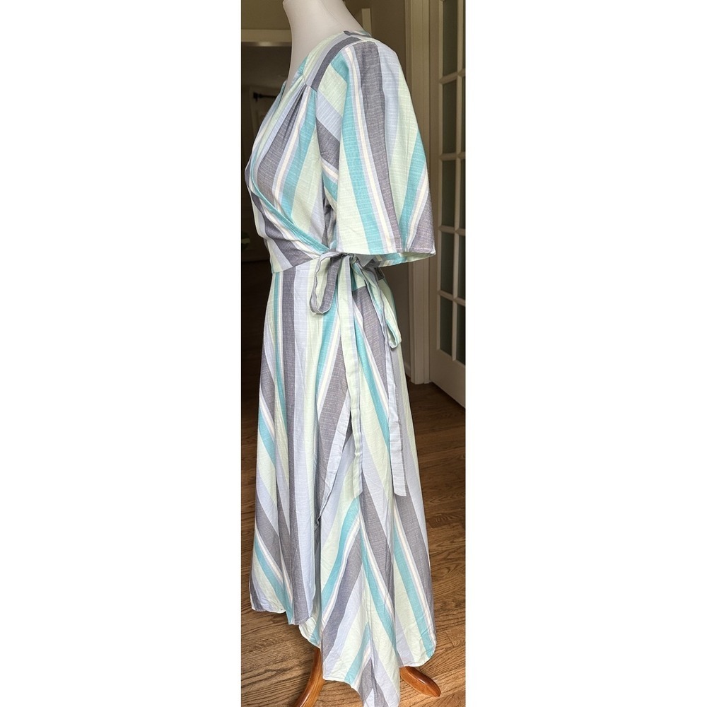 B Collection by Bobeau Orna Wrap Dress Blue Striped Midi Sleeveless M - Picture 8 of 12